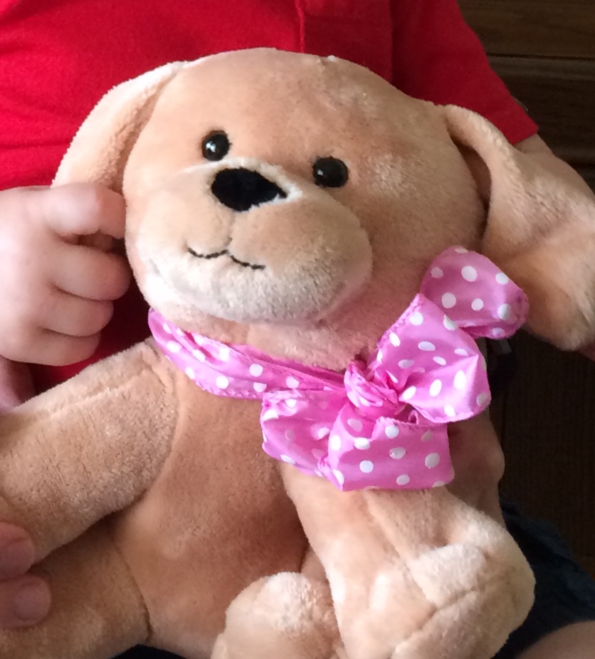 Plush dog with pink bow tied around its neck 