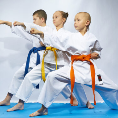 Two boys and girl in karate hitting punch arm