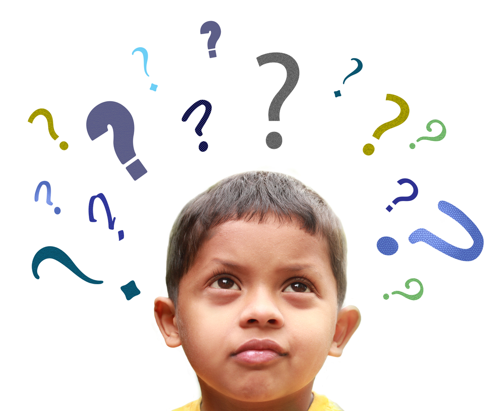 Young boy surrounded by question marks
